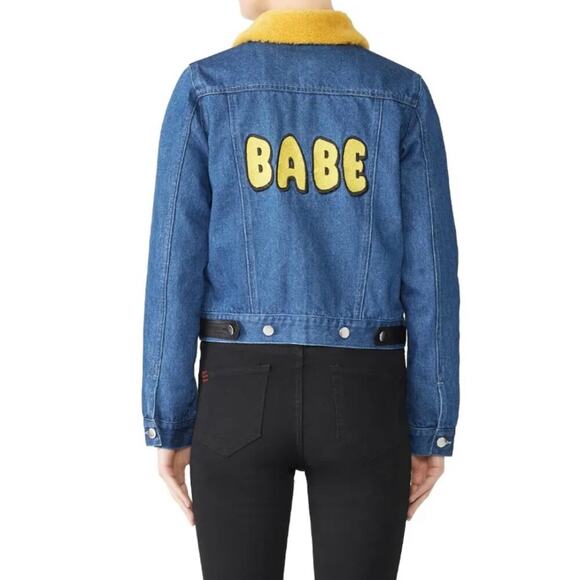 Samantha Sipos Babe jean jacket faux fur collar fuzzy lettermen style letters - Picture 1 of 12